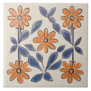 Dark Yellow & Teal Floral Flowers Mediterranean Ceramic Tile