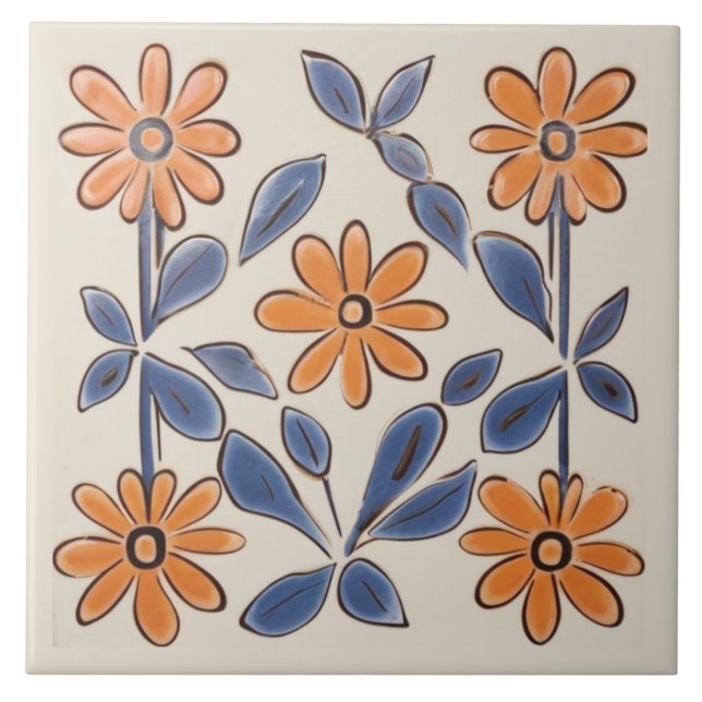 Dark Yellow & Teal Floral Flowers Mediterranean Ceramic Tile (Front)