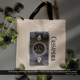 Dark Zodiac Astrology: Aquarius Black Silver Name Tote Bag