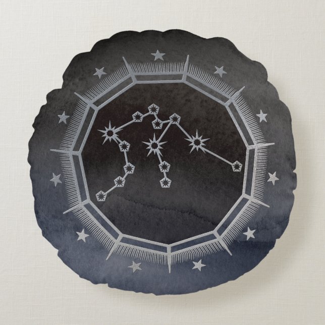 Dark Zodiac Astrology: Aquarius Black & Silver Round Cushion (Front)