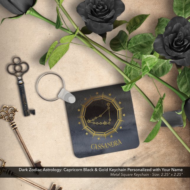 Dark Zodiac Astrology: Capricorn Black Gold Name Key Ring (Dark Zodiac Astrology: Capricorn Black & Gold Keychain Personalized with Your Name)