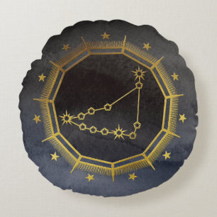 Dark Zodiac Astrology: Capricorn Black & Gold Round Cushion