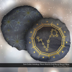 Dark Zodiac Astrology: Pisces Black & Gold Round Cushion