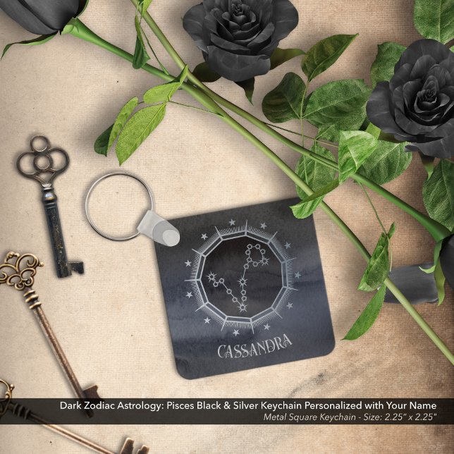 Dark Zodiac Astrology: Pisces Black Silver Name Key Ring (Dark Zodiac Astrology: Pisces Black & Silver Keychain Personalized with Your Name)