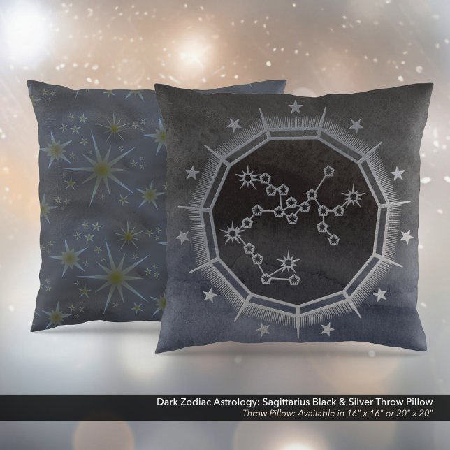 Dark Zodiac Astrology: Sagittarius Black & Silver Cushion (Dark Zodiac Astrology: Sagittarius Black & Silver Square Throw Pillow)