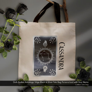 Dark Zodiac Astrology: Virgo Black Silver Name Tote Bag