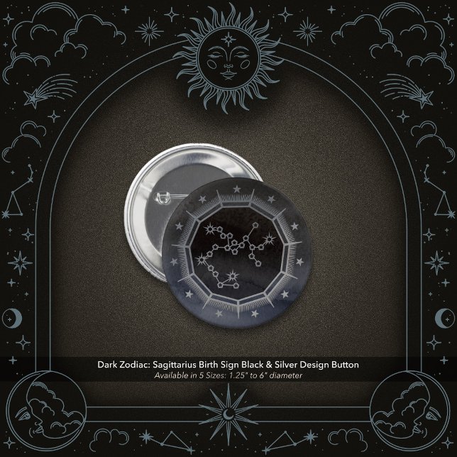 Dark Zodiac: Sagittarius Birth Sign Black & Silver 6 Cm Round Badge (Dark Zodiac: Sagittarius Birth Sign Black & Silver Button)
