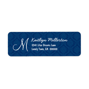 DarkBlue Damask Monogram M Wedding V608 Return Address Label
