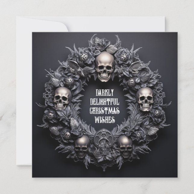 Darklu Delightful Goth Skull Wreath Xmash Wishes  Holiday Card (Front)