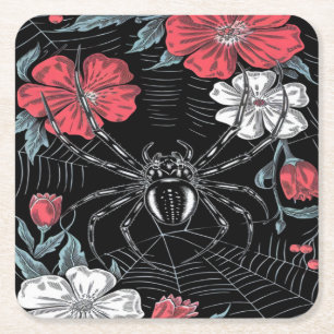 Darkly Romantic Spider Floral Square Paper Coaster