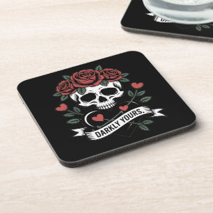 Darkly Yours Graphic: Gothic Skull with Red Roses Coaster