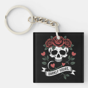 Darkly Yours Graphic: Gothic Skull with Red Roses Key Ring