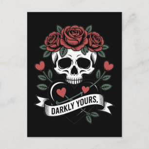 Darkly Yours Graphic: Gothic Skull with Red Roses Postcard
