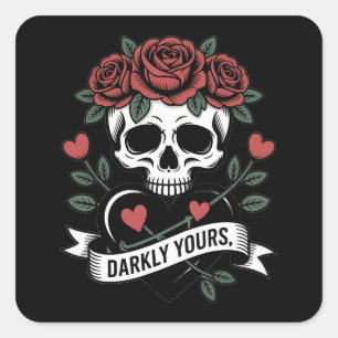 Darkly Yours Graphic: Gothic Skull with Red Roses Square Sticker