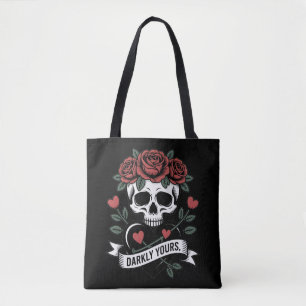 Darkly Yours Graphic: Gothic Skull with Red Roses  Tote Bag