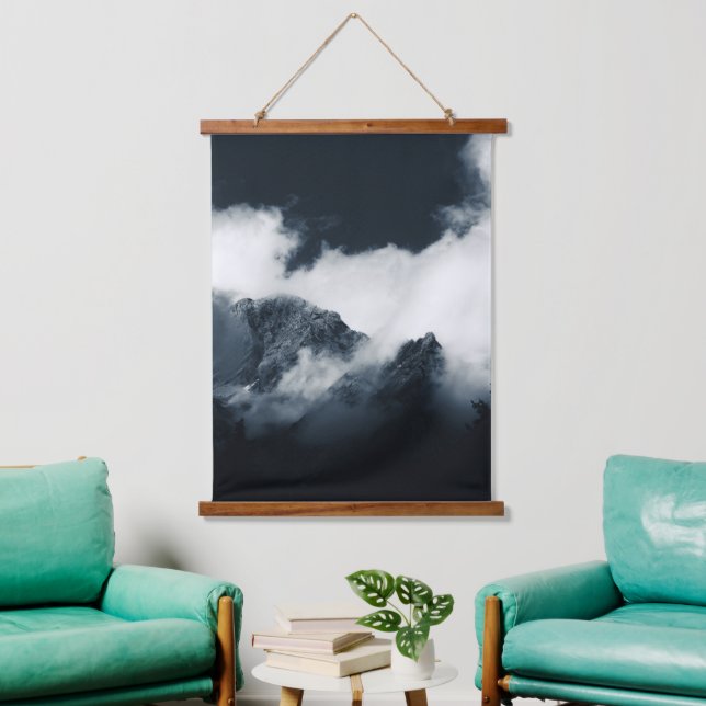 Darkness and mountains wrapped in clouds hanging tapestry (Living Room)