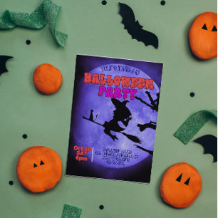 Darknight Halloween party with cute cat withch Invitation