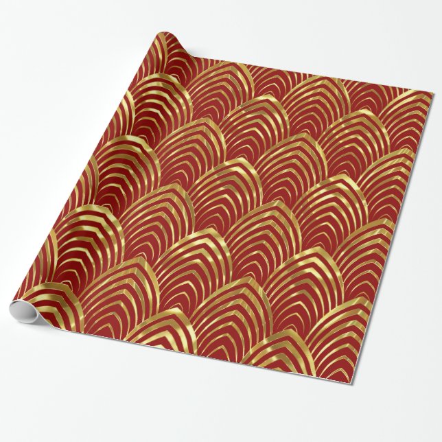 DarkRed & Gold Art-Deco Geometric Pattern Wrapping Paper (Unrolled)
