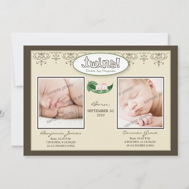 Darling 5x7 Twin Boy/Girl Taupe Birth Announcement (Front)