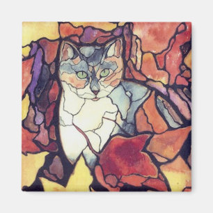 Darling Autumn Leaves Kitty Cat "stained glass" Magnet