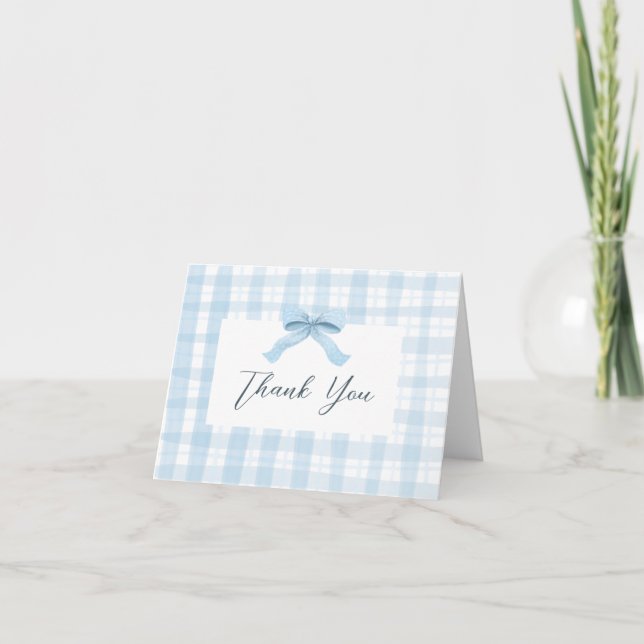 Darling Blue Watercolor Plaid & Bow Baby Thank You Card (Front)