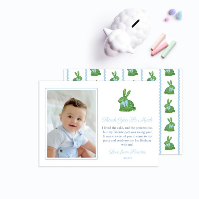 Darling Bunny Green Blue Baby Boy Picture Birthday Thank You Card (Creator Uploaded)