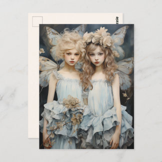 Darling Fairies Blue Satin Dress Pretty Wings  Postcard