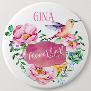 Darling Hummingbird Floral Pink Flower Girl 6 Cm Round Badge