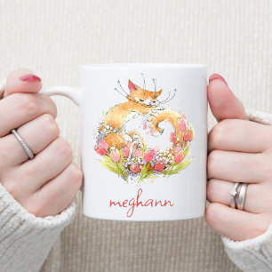 Darling Kitty Cat with Pink Tulips Personalised Two-Tone Coffee Mug