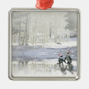 Darling Penguins Ice Skating Holiday Metal Ornament