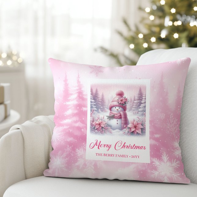 Darling Pink Snowman Snowy Christmas Pillow Decor (Darling Pink Snowman Snowy Christmas Pillow Decor)