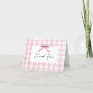 Darling Pink Watercolor Plaid & Bow Baby Thank You Card
