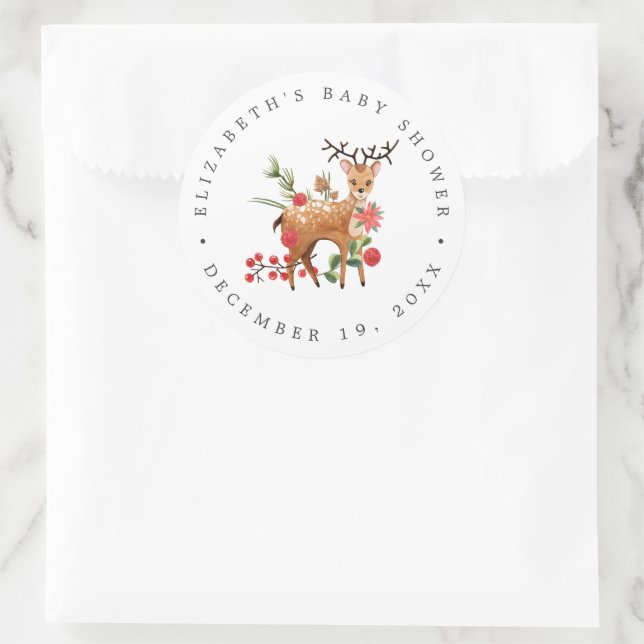 Darling Reindeer | Christmas Baby Shower Favour Classic Round Sticker (Bag)