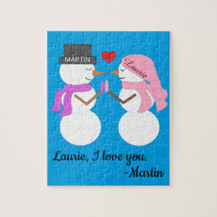Darling Snowpeople in Love:  Blue-green Christmas Jigsaw Puzzle