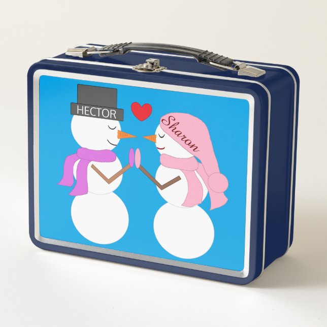 Darling Snowpeople in Love: Blue-green Metal Lunch Box (Front)