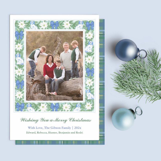 Darling Staffordshire Dogs Blue White Christmas Holiday Card (Christmas greenery frame with whimsical blue & white Staffordshire dogs, white poinsettia, blue bows)