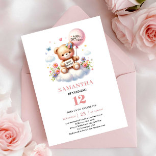 Darling teddy bear balloon flower girl birthday  invitation