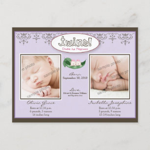 Darling Twin Girls Lilac Birth/Baby Announcement Postcard