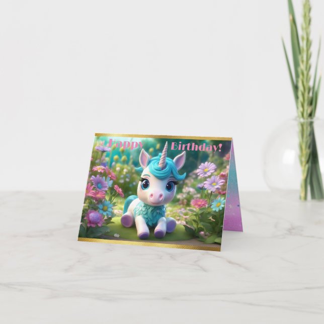 Darling Unicorn Birthday Folded Greeting Card (Front)