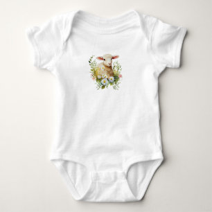 Darling Watercolor Baby Lamb with Flowers Bodysuit