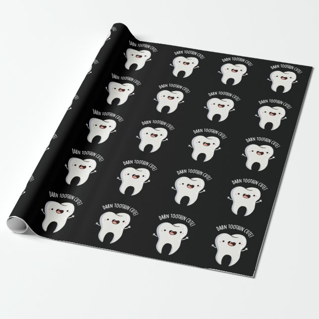 Darn Tooth-in Cute Funny Tooth Pun Dark BG Wrapping Paper (Unrolled)
