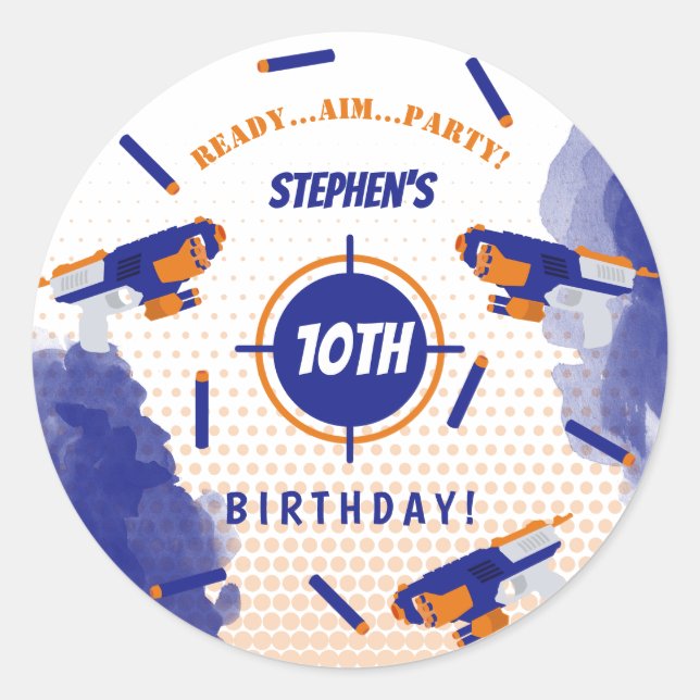 Dart Gun Battle War Boys Birthday Party Classic Round Sticker (Front)