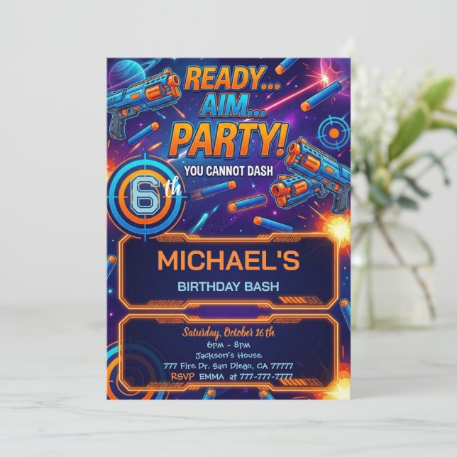 Dart Gun Birthday Invitation (Standing Front)