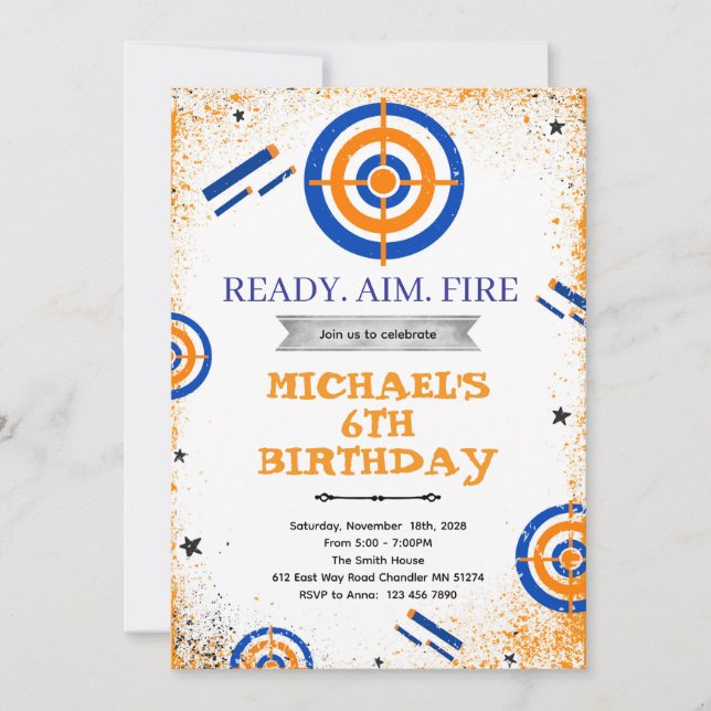 Dart gun birthday party invitation (Front)