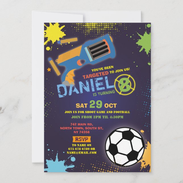 Dart Gun Fun Aim Shoot Football Birthday Invitation (Front)