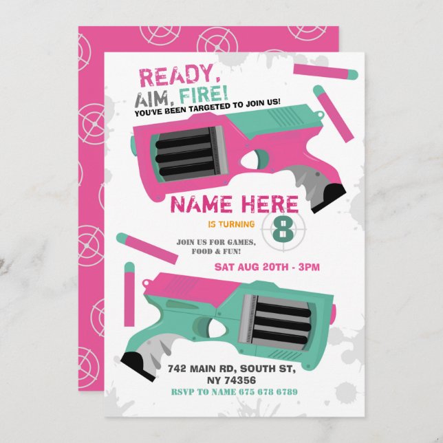 Dart Gun Fun Aim Shoot Girls Birthday Invitation (Front/Back)