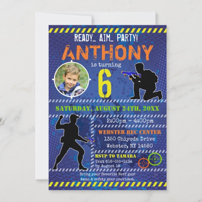 Dart Photo Invite Dart Gun Birthday Party (Front)