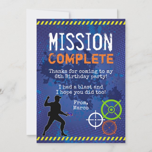 Dart Wars Birthday Party Thank you Card (Front)