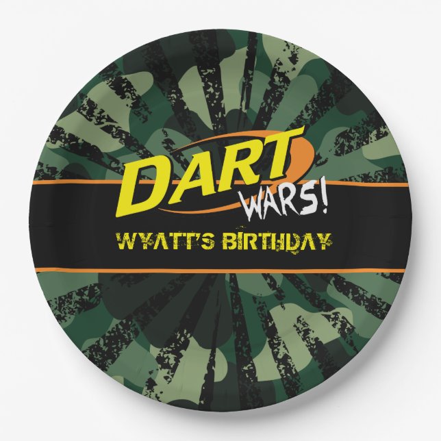 Dart Wars, Camo, Birthday 9 Inch Paper Plate (Front)