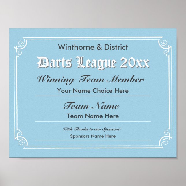 Darts Competition Certificate Poster (Front)